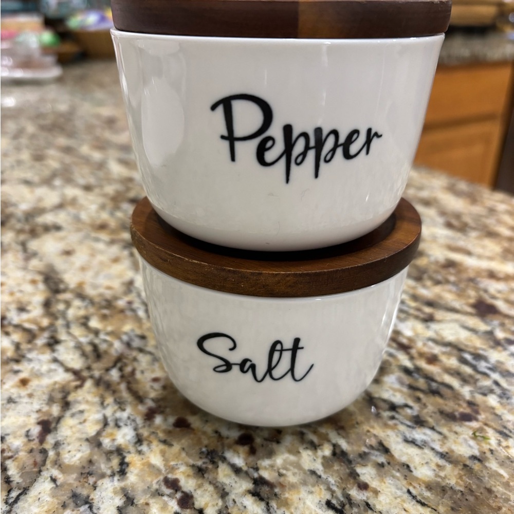 White Ceramic Salt and Pepper Bowls with Wooden Lids